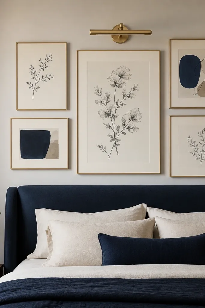 A gallery wall above a navy bed shows 4-6 framed prints in cream and thin brass frames. The prints include botanical line art and a couple of abstract shapes in navy and warm taupe. A small brass picture light is mounted above the center frame.
