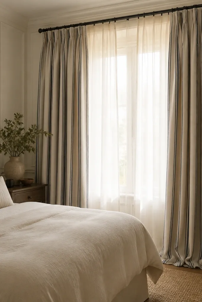 Floor-length curtains hang from a tall rod, showing navy stripes on a heavier fabric. Behind them, a cream sheer layer catches light softly. The curtains pool slightly near the floor, and the bed sits beneath with cream bedding.