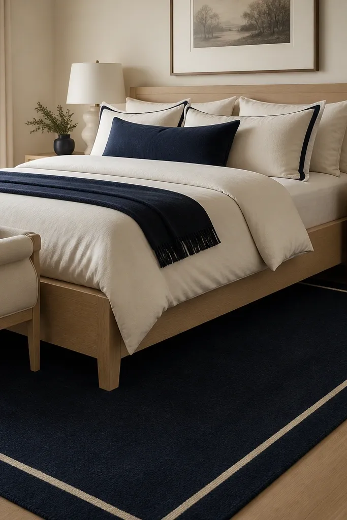 A low-pile navy wool rug sits under the bed and extends to the sides, with a cream border line around it. The bed frame is light wood, and a cream bench or chair is visible near the foot. Bedding is cream with navy accents.