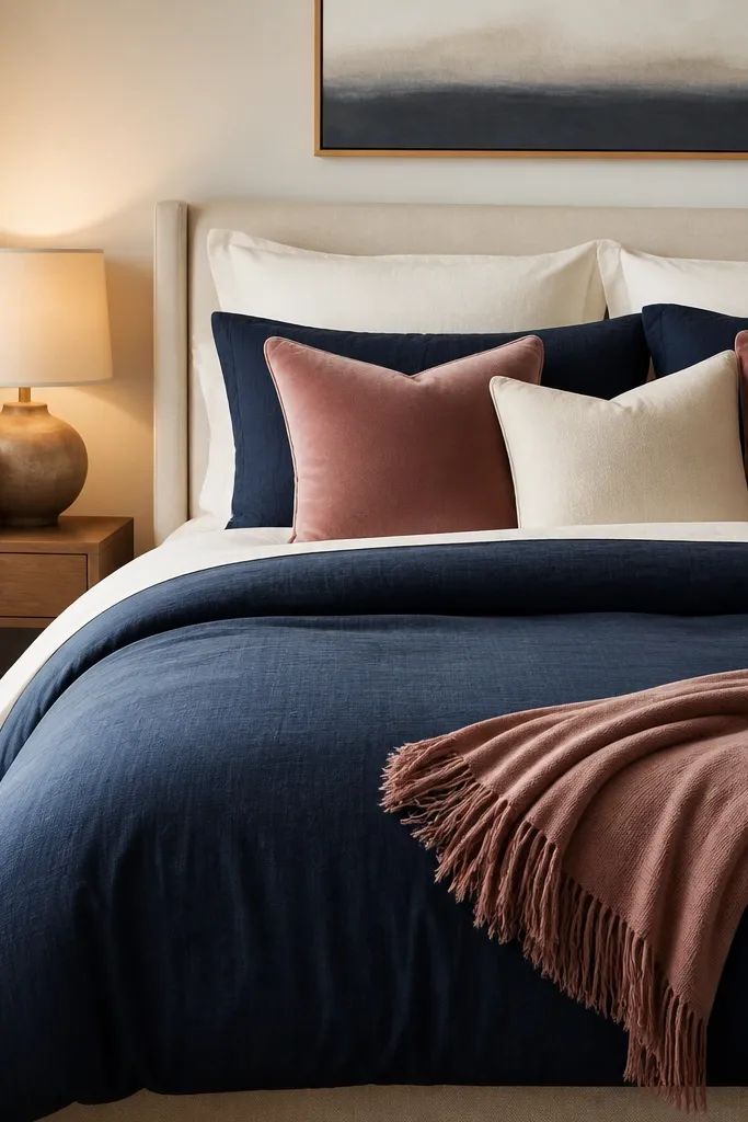A navy duvet cover with subtle texture is styled with two accent pillows in dusty rose velvet and one cream pillow. The rest of the bed is cream and navy, with a small rose-toned throw at the foot. A warm lamp glows on a wood side table.