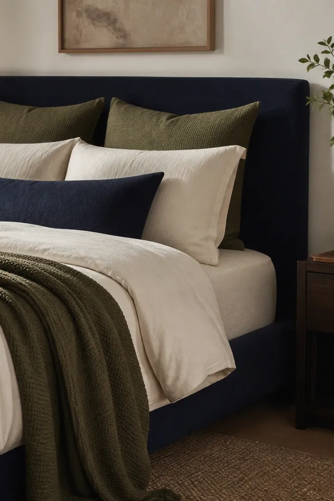 A navy bed with cream sheets has an olive knit throw draped over the side. Two olive-toned pillows sit behind cream and navy pillows. The wall is warm white, and there's a small wooden tray with a candle on the nightstand.