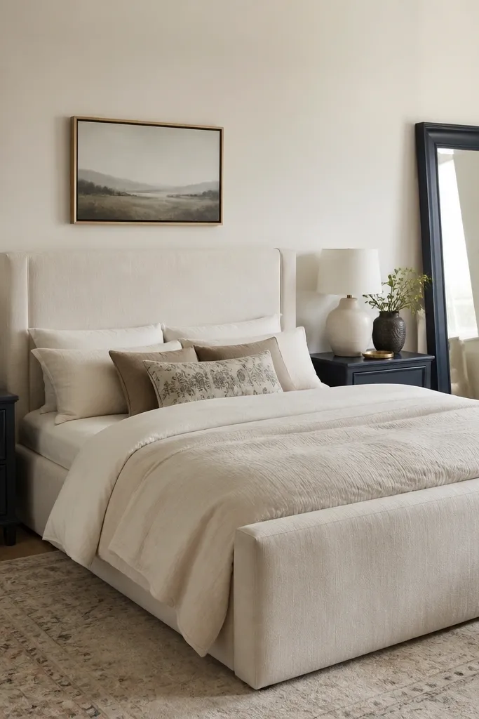 Two navy nightstands flank a cream bed. Each has an off-white lamp shade, a small brass tray, and a single ceramic vase. The wall is light warm white, and a navy framed mirror leans near the dresser.