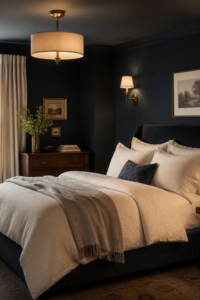A navy bedroom with layered lighting: a brass table lamp with a cream shade, a small wall sconce on one side, and a dimmable overhead fixture. The bedding looks warm and creamy under the light, and the navy appears deep rather than flat.