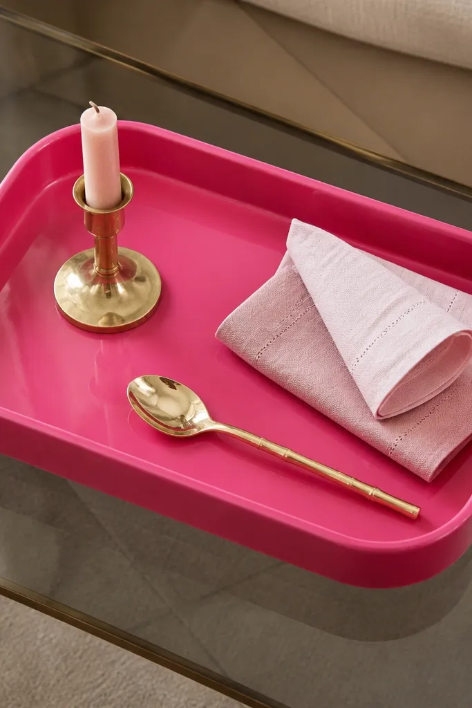 A glossy hot-pink rectangular tray with rounded corners sits on a smoked glass surface. A small brass candle holder and two blush napkins are arranged inside the tray edges, with a single gold spoon placed diagonally.