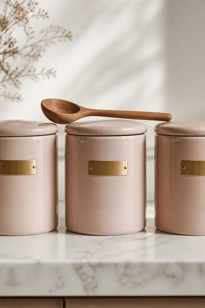Three blush ceramic canisters with smooth rounded lids sit in a row. Each has a small brushed brass label plate with minimal black text. A wooden spoon rests across the top of the middle canister.