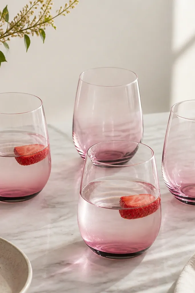 A set of drinking glasses with a pink-to-clear ombre gradient. The bottom edge has a thin black rim. Two glasses are filled with water and a strawberry slice floats near the pink layer.