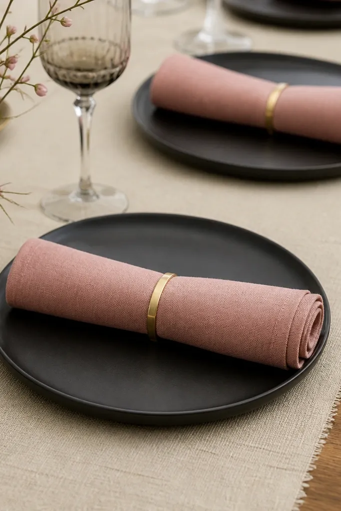 Folded rose-pink cloth napkins are rolled and secured with slim brass rings. They sit on a cream linen table runner with a black dinner plate under each roll.