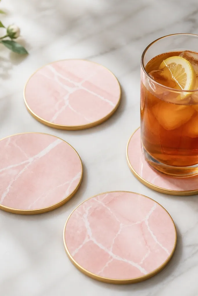 Four coasters in a pink marble-look pattern with faint white veining. Each coaster has a thin gold border. A glass of iced tea sits on one coaster.