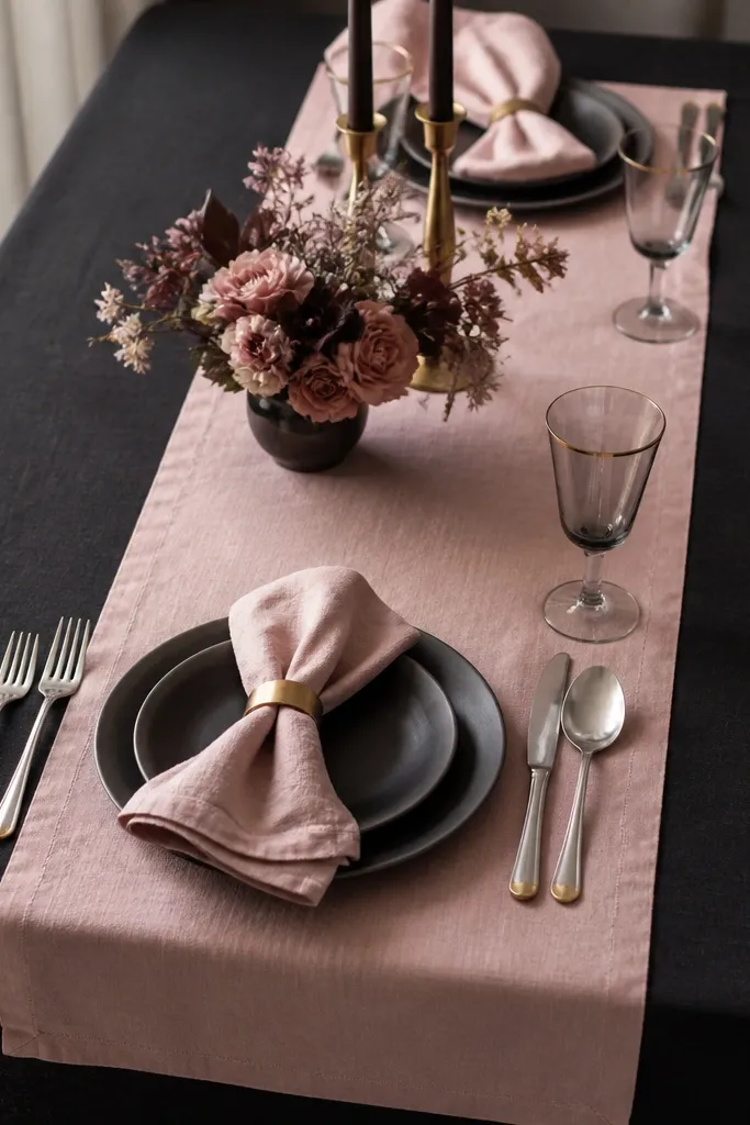 A blush pink table runner lies on top of a black linen tablecloth. The runner is slightly shorter than the table, leaving black visible at both ends. Cutlery is silver with a few brass details.