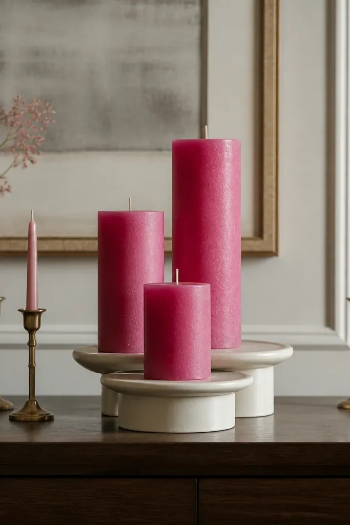 Three hot pink pillar candles of different heights sit on two cream ceramic risers. Brass candlesticks hold tiny tapers in the background. The arrangement is centered on a dining sideboard.