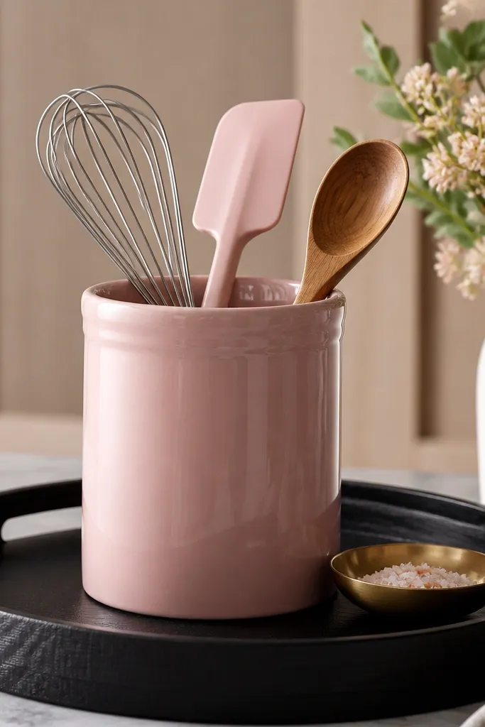 A glossy pink enameled utensil holder sits on a black wood tray. Inside are a whisk, spatula, and wooden spoon. A small brass salt dish sits beside the holder.