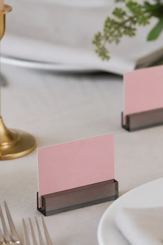 Small rose-pink place cards sit in smoke-gray acrylic holders on a dining table. White plates and silver forks are visible, with one brass candlestick in the background.