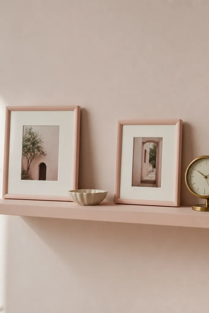 A narrow blush wall shelf holds two small pink picture frames and one brass shelf clock. The frames have off-white matting. A tiny ceramic dish sits between them.