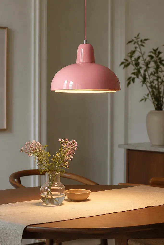 A bubblegum pink pendant lamp hangs over a dining table. The shade is smooth and glossy, and the light casts a warm glow on a cream table runner.