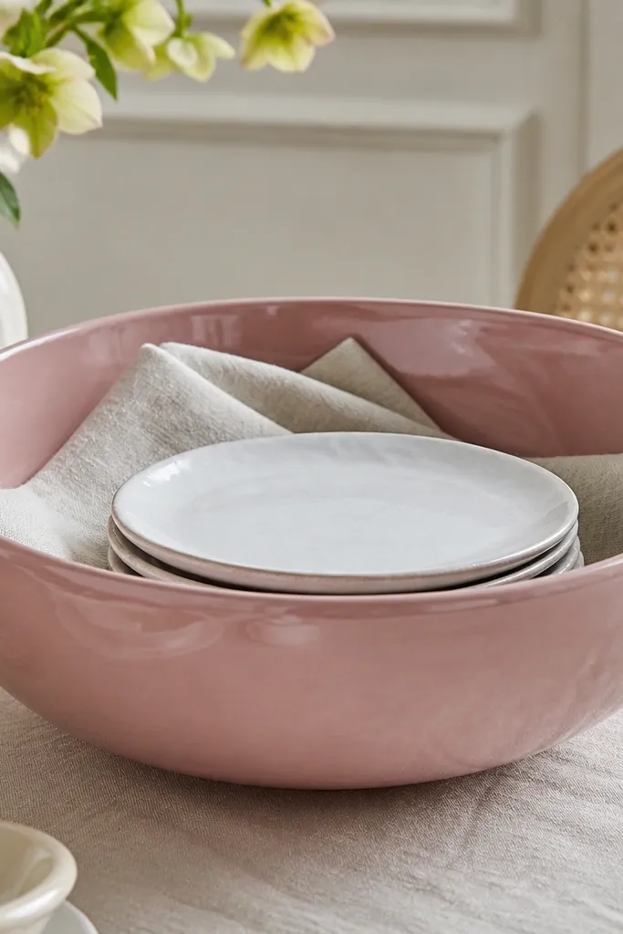 A glossy pink glazed dough bowl sits in the center of a table. Inside is a folded linen napkin and a small stack of plates. The plates are iced white with subtle texture.
