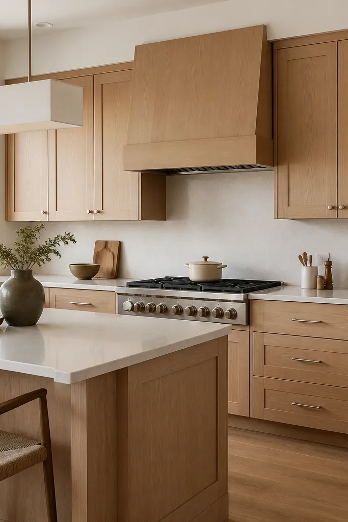 Kitchen with rift white oak shaker cabinets in a light warm finish. Walls are warm white. Hardware is brushed nickel, with straight bar pulls on drawers and knobs on doors. A light quartz countertop and a simple rectangular pendant hang over the island.