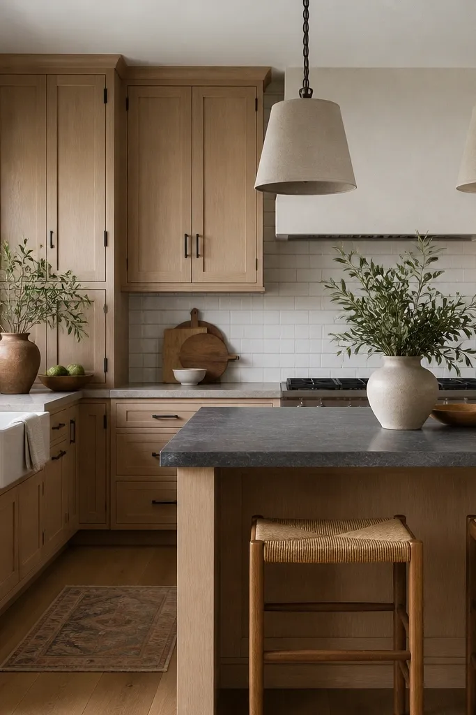 Kitchen with rift white oak cabinets and a darker stone island top. Oil-rubbed bronze cabinet pulls and hinges are visible. Pendant lights have linen shades in a light tan color. Backsplash is a simple white subway tile with light grout.