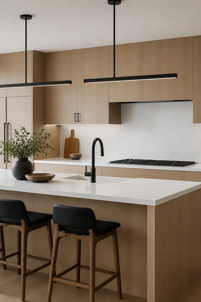Modern kitchen with rift white oak slab or minimal shaker cabinets. Countertops are white quartz with subtle gray veining. Cabinet pulls are blackened steel. Two linear black pendants hang over the island, with a matte black faucet.