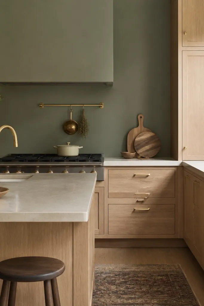 Kitchen with rift white oak cabinets and matte sage painted walls. Cabinet hardware is warm brass. A brass-finished faucet and a small brass rail above the stove appear. Countertops are a light warm stone with minimal pattern.