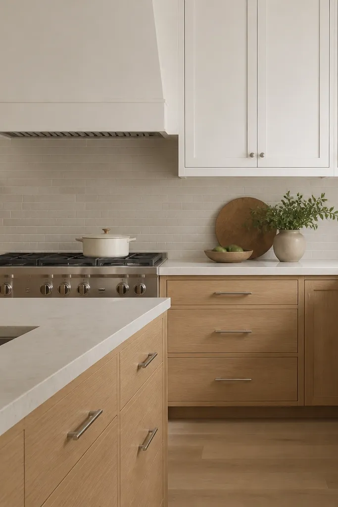 Kitchen with rift white oak lower cabinets and soft white painted upper cabinets. The oak has visible rift grain on drawer fronts. Hardware on both sections is brushed nickel. A light backsplash and a warm neutral countertop tie it together.
