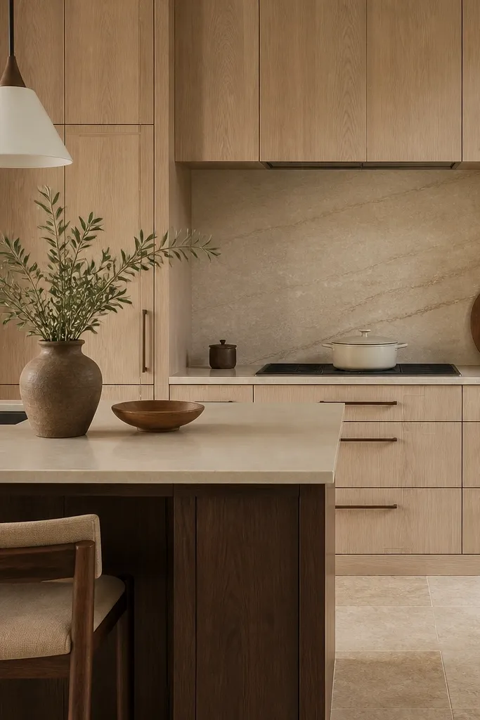 Kitchen with rift white oak cabinets, travertine-style backsplash in warm beige with light veining, and matching floor tiles. Hardware is matte bronze. A warm white countertop sits over a darker island base.