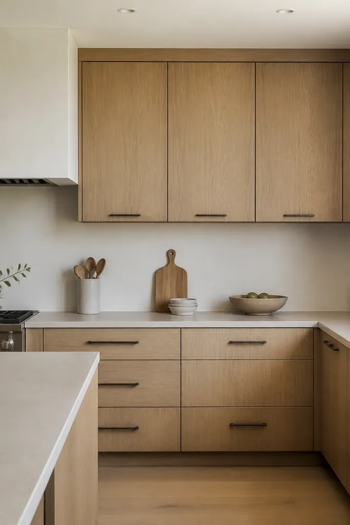 Kitchen with rift white oak cabinets and a seamless off-white slab backsplash. No visible grout lines. Hardware is simple blackened steel. Countertops are light stone with minimal pattern. Recessed lighting is visible in the ceiling.