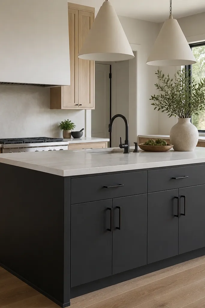 Kitchen island has a charcoal painted base. The sides are flat and matte. Rift white oak cabinets run on the perimeter. Hardware on both is oil-rubbed bronze. The countertop is a light quartz with a soft edge profile.