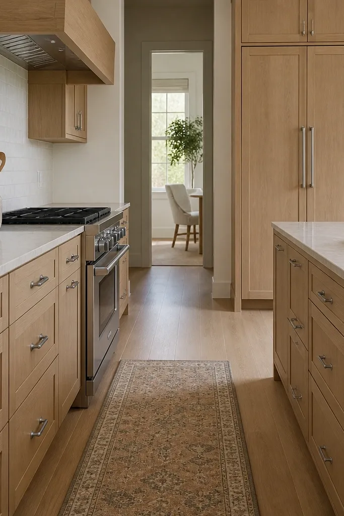 Kitchen with rift white oak cabinets, light stone countertops, and a narrow patterned runner on the floor. Cabinet hardware is brushed nickel. The counters are mostly clear with a single tray and a ceramic utensil crock.