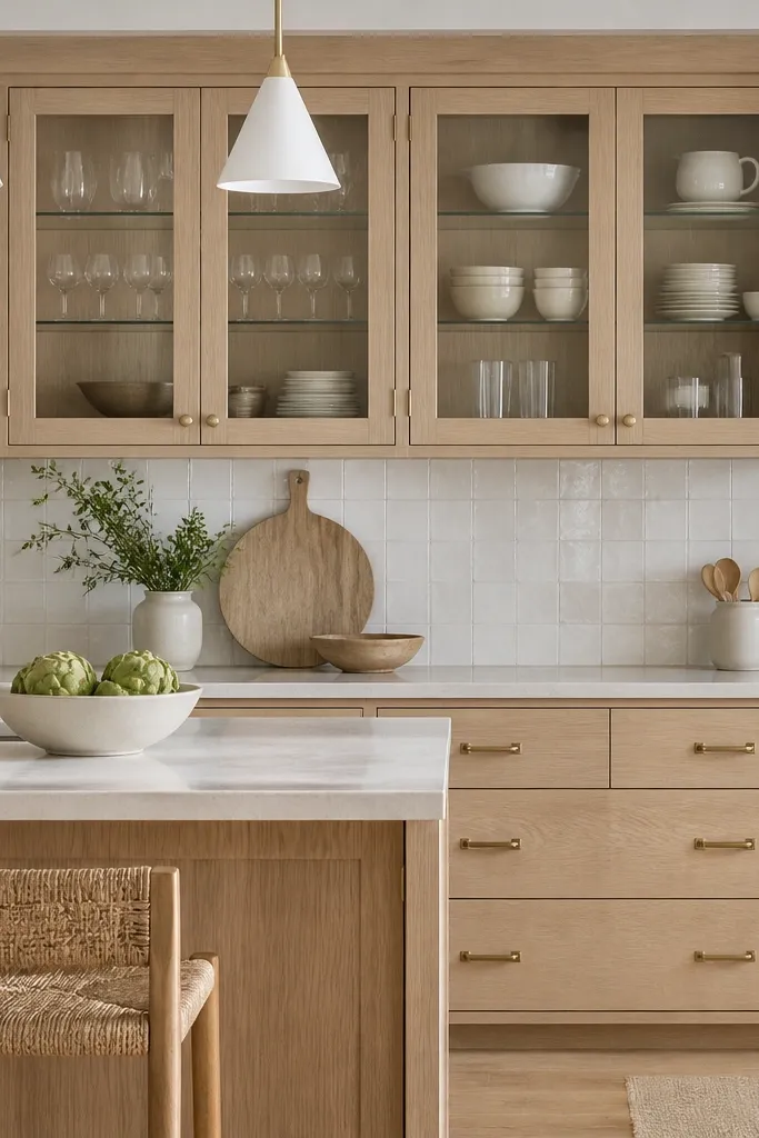Kitchen with rift white oak lower cabinets and glass-front upper cabinets. The glass shows clear shelves and neatly arranged dishware. Hardware is satin brass. A white ceramic backsplash and simple pendant lights appear.