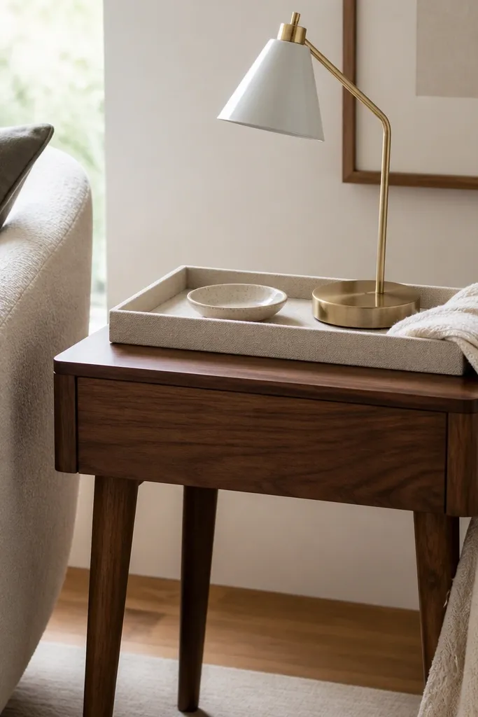 A medium walnut side table with tapered legs holds a cream linen tray. On the tray are a small ceramic dish, a brass desk lamp with a white shade, and a folded off-white throw blanket draped over the table edge.