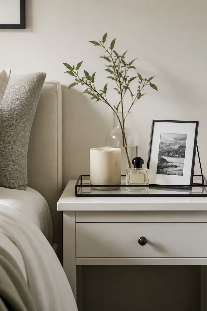A painted off-white side table with a simple drawer sits beside the bed. The top has a black glass tray holding a cylindrical candle, a small perfume bottle, and a slim black metal photo frame.