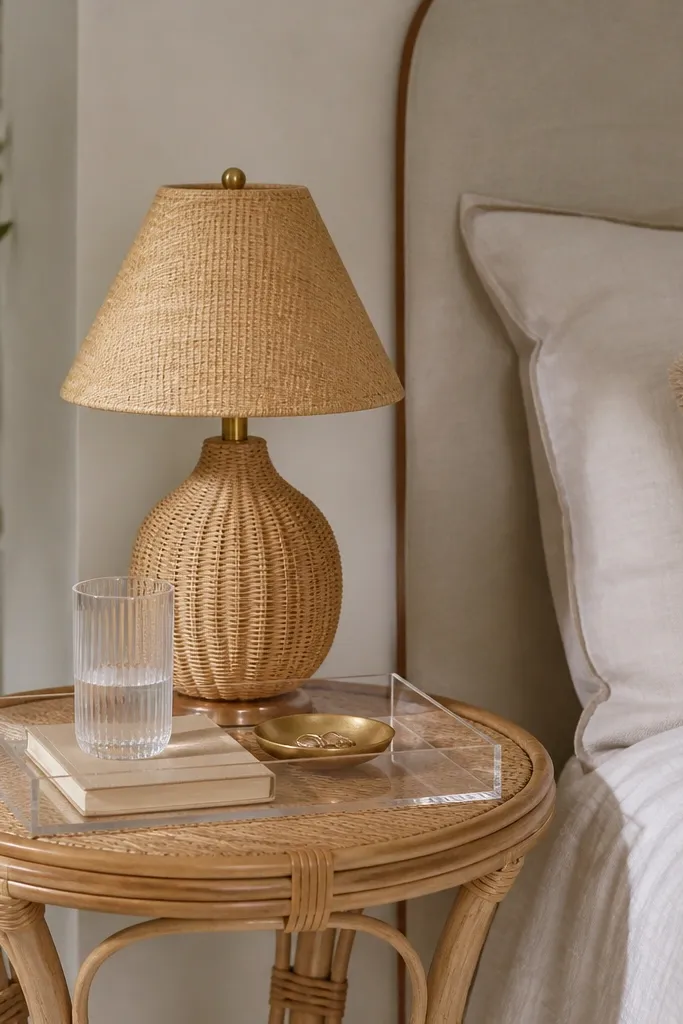 A round rattan side table sits near the bed. A clear acrylic tray holds a glass water cup, a small book, and a minimalist gold ring dish. The lamp is woven or cane-style with a warm beige shade.