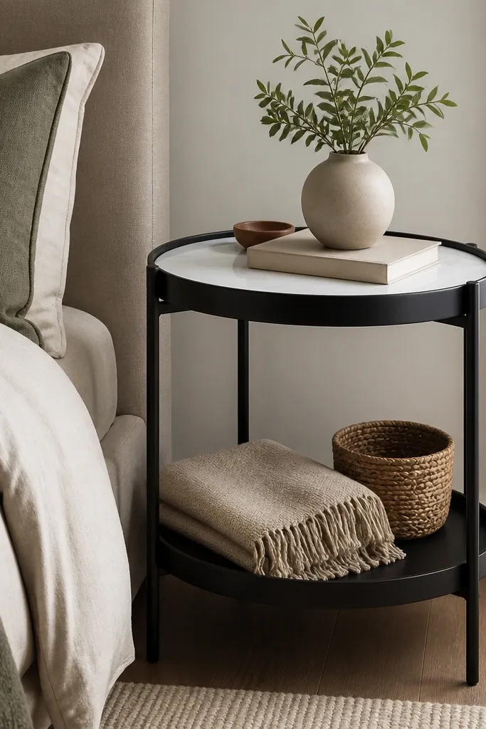 A two-tier side table in matte black metal stands next to the bed. The top has a white marble-look plate with a small vase and a book. The lower shelf holds a folded throw and a small basket.