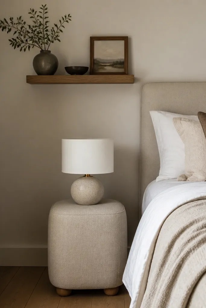 A narrow wooden floating shelf is mounted above the bed side. Under it, a small upholstered stool in oatmeal fabric acts like the side table. A compact lamp sits on the stool with a white drum shade.