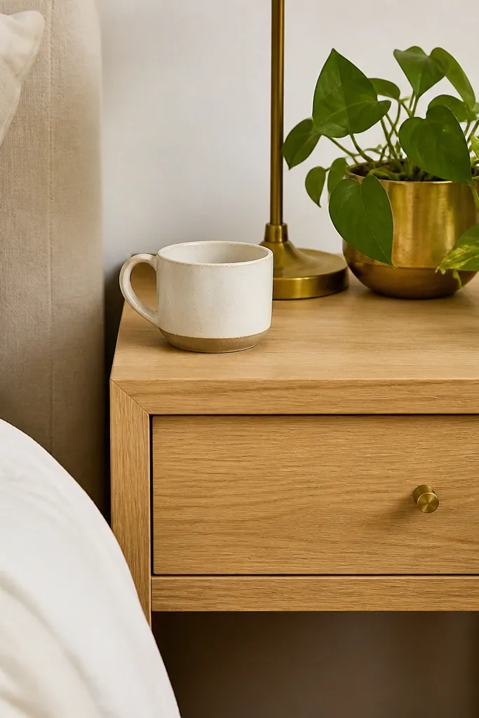 A light oak side table with a simple drawer is placed next to the bed. The corner holds a small brass planter with a trailing pothos. A cream ceramic mug sits near the front edge and a brass lamp base peeks behind.
