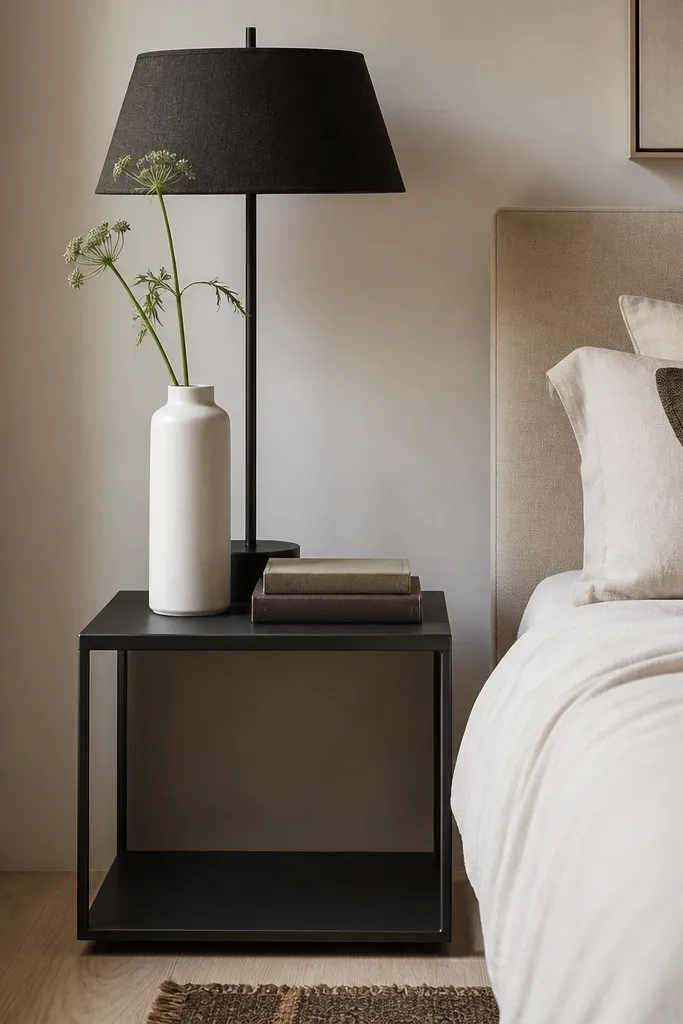 A side table made of blackened steel with a matte finish sits beside the bed. On top is a tall white ceramic vase with a single stem and a small stack of books. A black lamp with a linen shade stands behind the vase.
