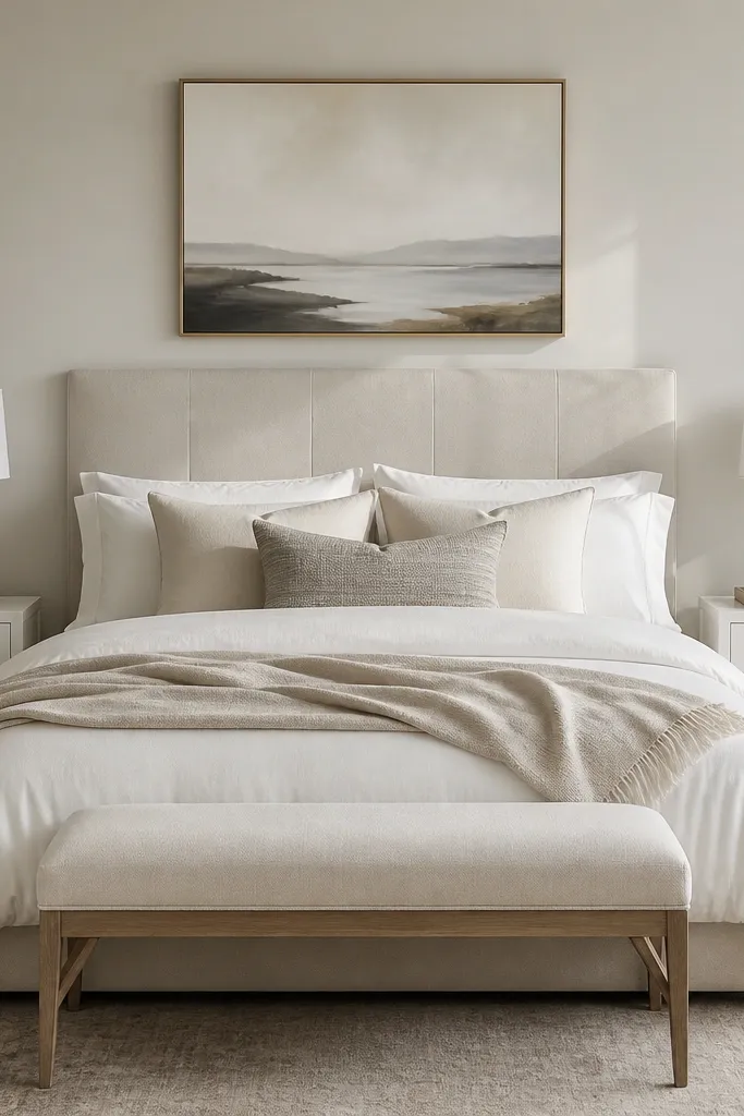 Both sides of the bed have matching white nightstands. Each table has the same height lamp and a tray. One tray holds a candle and a book; the other holds a small dish and a glass.
