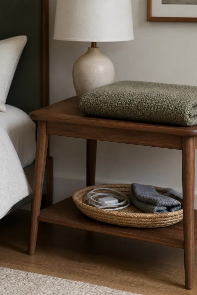 A walnut side table with a lower shelf holds a neatly folded textured throw blanket on the top. A small table lamp sits behind the throw. A shallow basket on the lower shelf holds charging cables and a spare pair of socks.