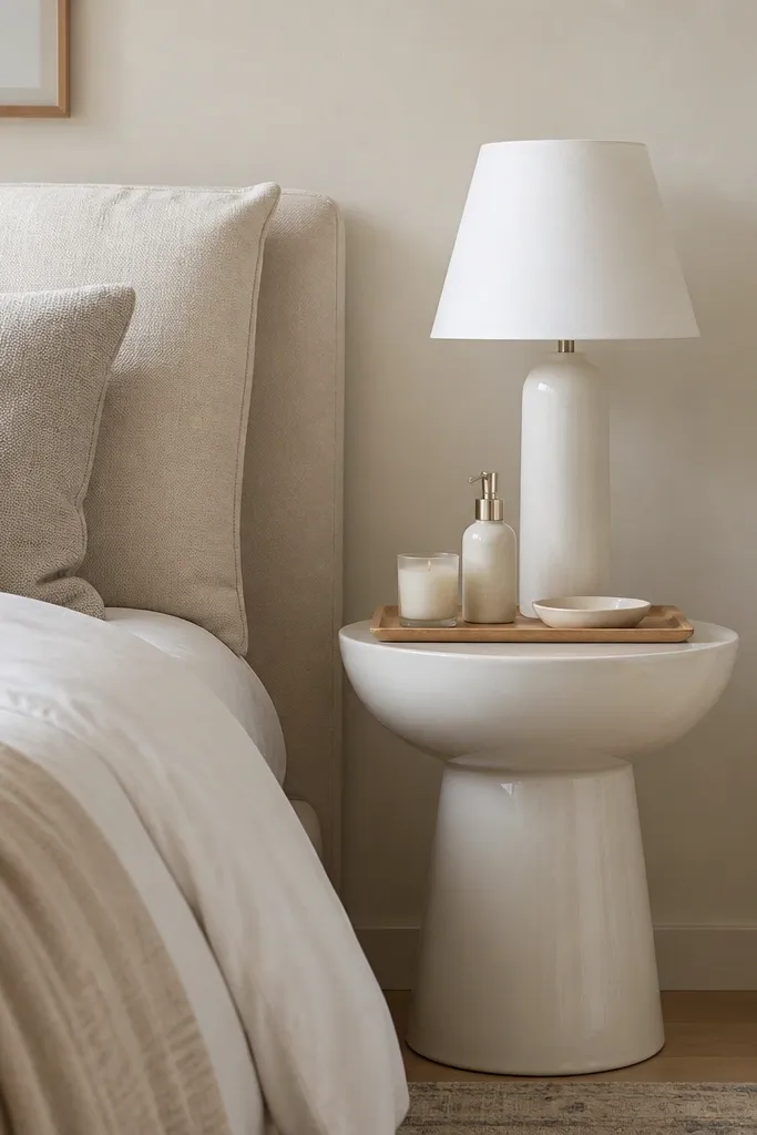 A white ceramic pedestal-style side table sits next to the bed. On top is a slim tray in light wood holding a small candle, a lotion bottle, and a tiny dish. A white shade lamp stands close to the tray's back edge.