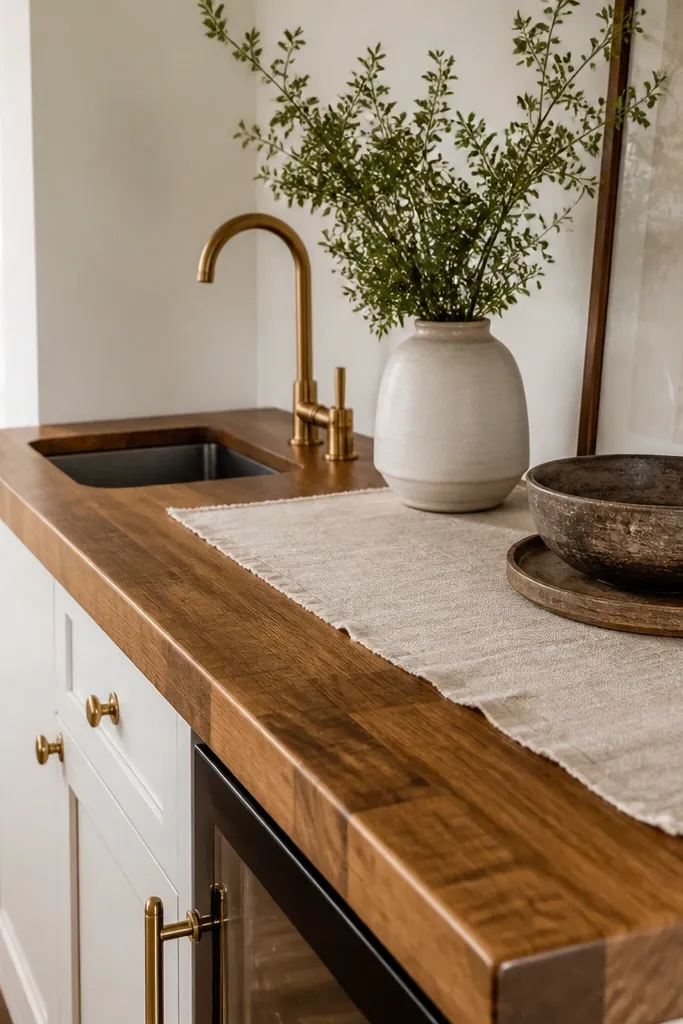 A bedroom kitchenette counter in warm honey-brown stained butcher block with visible open grain, finished in a soft matte clear coat that looks slightly smoky under warm lamps; a light linen runner and brass hardware sit nearby.