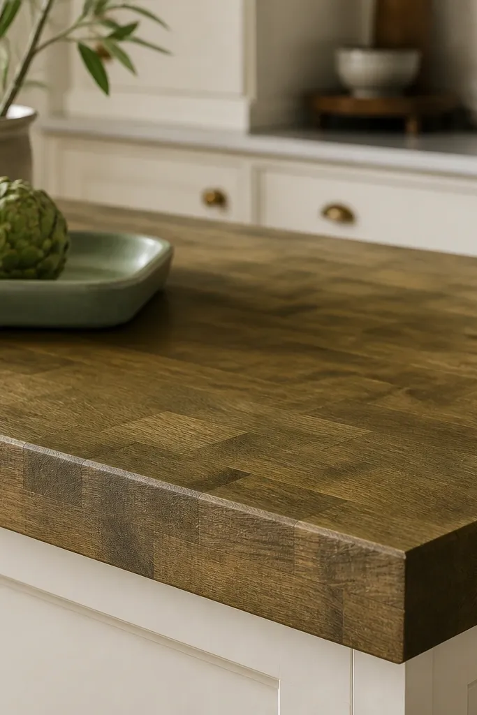 A butcher block countertop stained olive-brown, with darker streaks through the pores and a satin finish; the background shows warm white cabinetry and a sage ceramic tray.