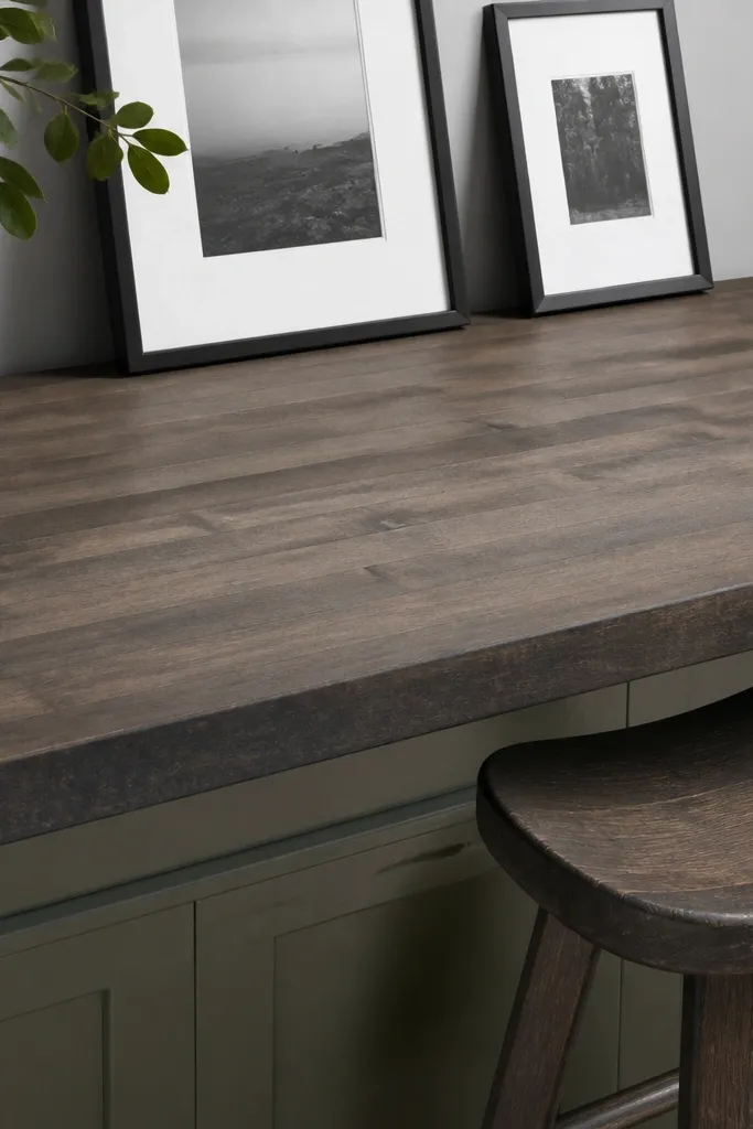 Light maple butcher block stained a smoky gray-brown, with slightly darker charcoal at the front edge and corners; matte finish, shown with a dark wood stool and black picture frames.