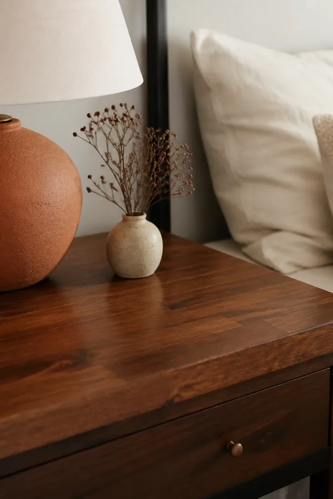 Butcher block countertop stained cognac brown with a warm reddish undertone, satin finish; a terracotta lamp base and cream bedding are visible in the styling.