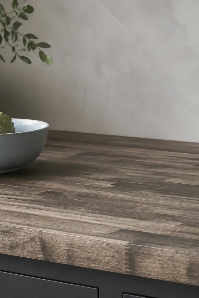 A driftwood gray-brown stained butcher block countertop with streaky, aged-looking grain, matte finish; the scene includes a light gray wall and a pale blue ceramic bowl.