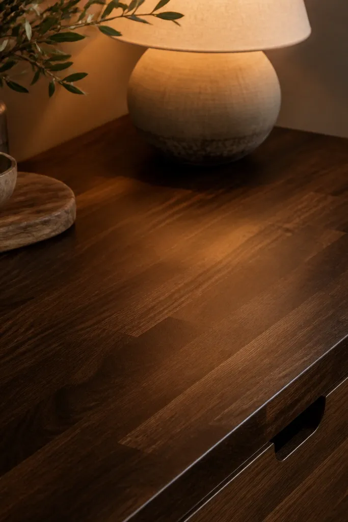 A nearly dark brown butcher block countertop with warm mocha undertone, satin finish; warm bedside lamp glow is reflected subtly on the surface.