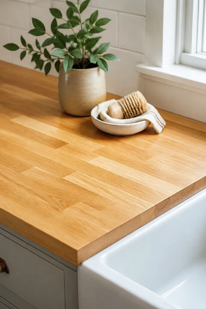 Light blonde butcher block countertop with a clear amber-tinted finish, almost honey but still pale; matte topcoat and a white countertop sink area.