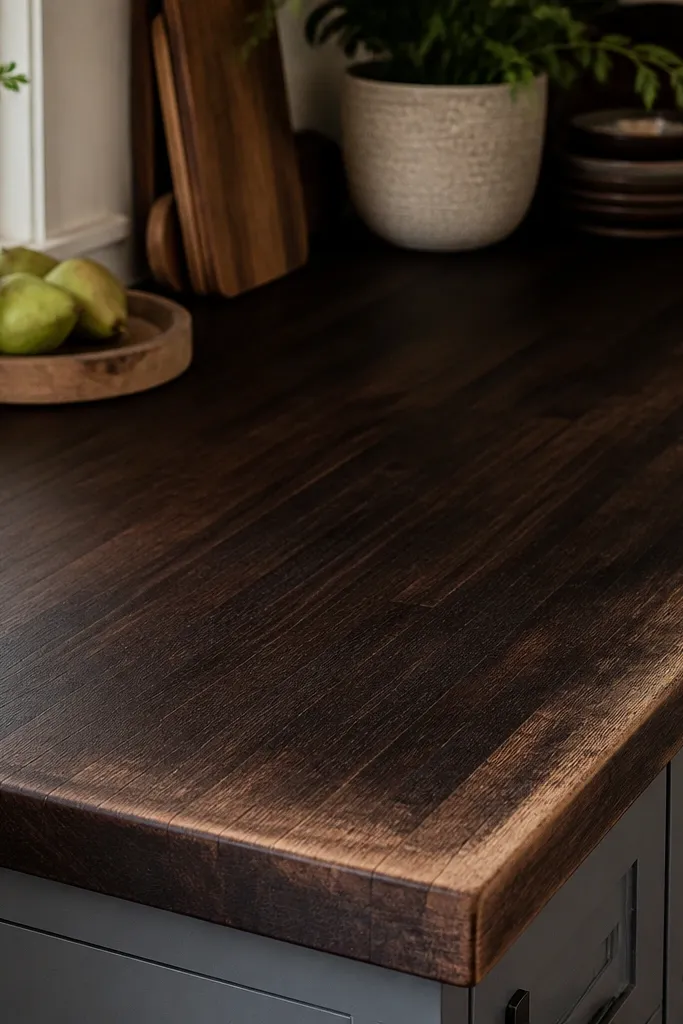 Espresso-dark butcher block countertop with lighter feathered edges near the front and corners; matte finish and visible grain lines across the center.