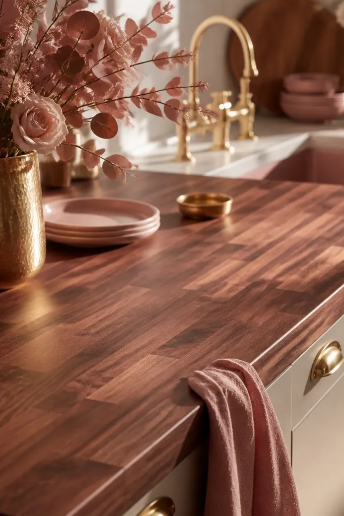 Rosewood-brown stained butcher block countertop with a subtle pink warmth under light; satin finish, shown next to dusty rose textiles and gold accents.