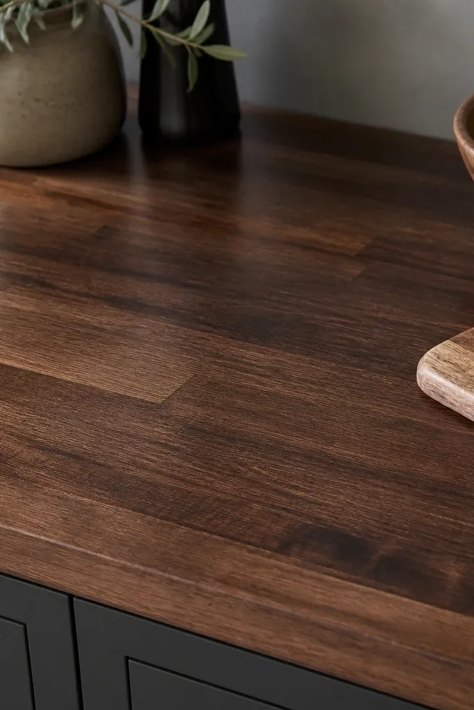Walnut-stained butcher block with a slightly darker base tone and a faint brushed streak texture visible under a satin topcoat; the surface looks hand-finished.