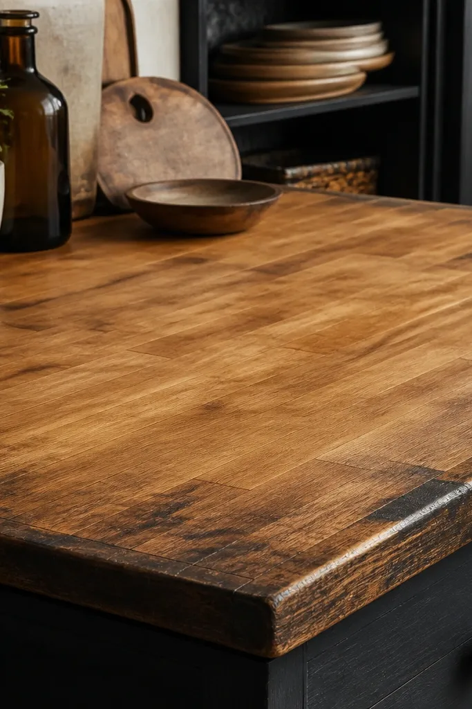 Warm honey-brown butcher block countertop with darker blackened edges and corners; matte finish on the field with a slightly darker waxed perimeter.